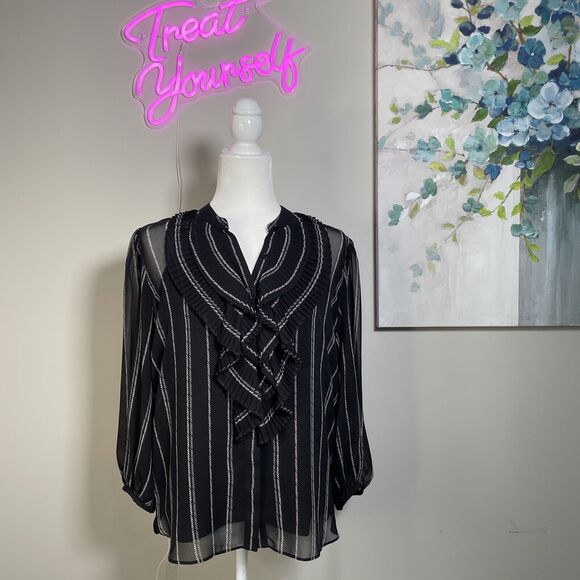 White House Black Market Ruffle Button Front Blouse Size Medium Sheer With Cami - Picture 1 of 7